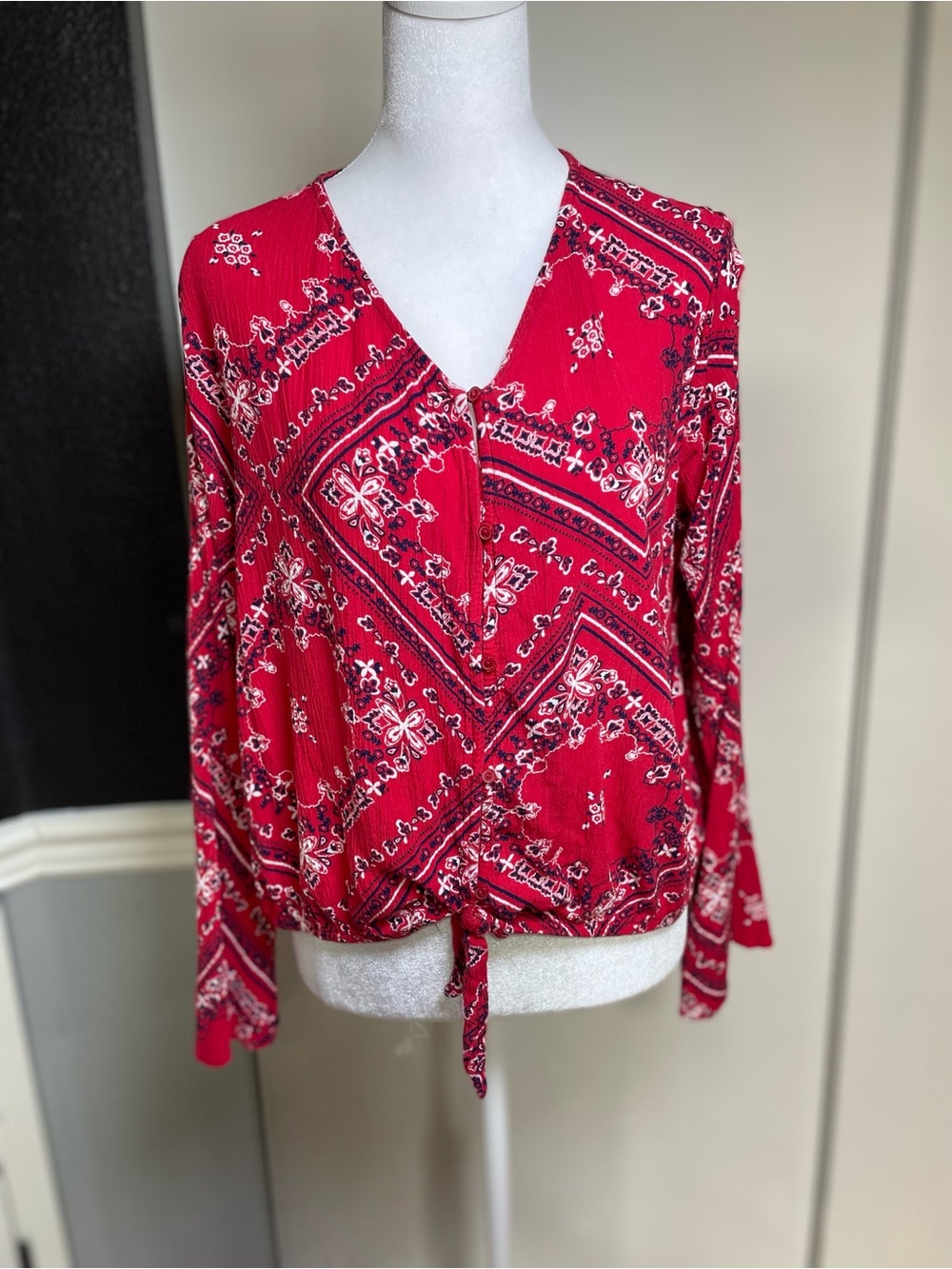 Justice Red Bandana-Print V-Neck Tie-Hem Blouse